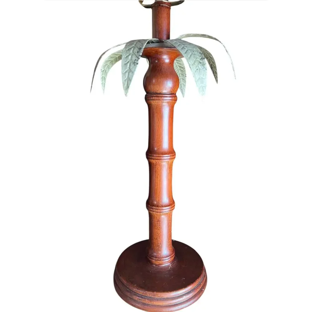 Vintage Tropical Palm Tree Bamboo Table Lamp Woven Rattan Shade Coastal Tiki